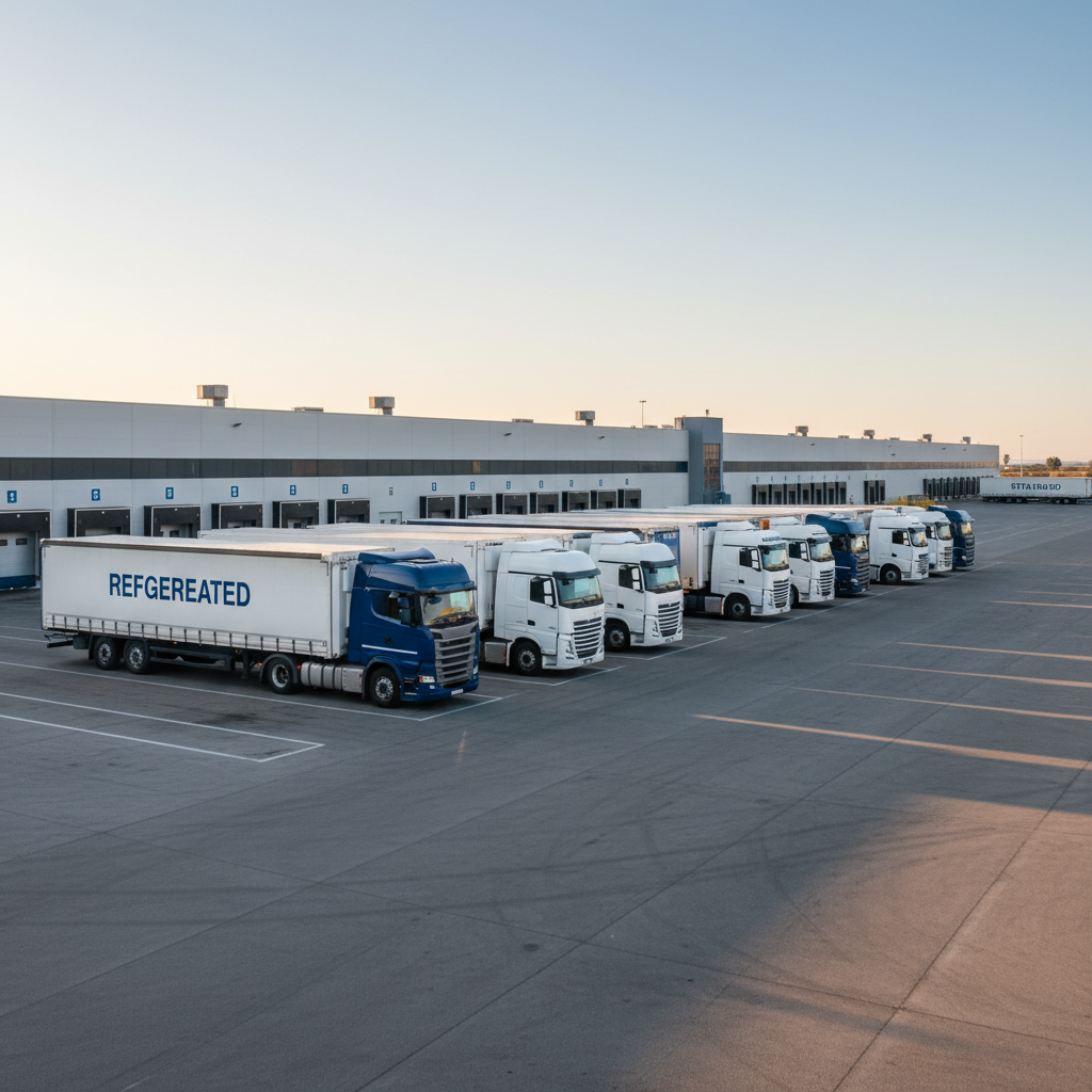 A fleet of modern freight trucks in pristine white and deep blue livery, each with clearly marked refrigerated and standard trailers, lined up in an orderly row on a clean logistics yard. Behind them, low warehouse buildings with loading bays hint at organized operations across southern Europe. Shot at eye level in soft golden hour sunlight, the trucks’ metallic surfaces gently reflect warm tones, with long, crisp shadows stretching across the asphalt. The sky is clear and pale blue, adding to a professional, reliable mood. Photographic realism with sharp focus throughout, clean composition using the rule of thirds, and a calm, businesslike atmosphere that communicates trust and efficiency for a transport company.