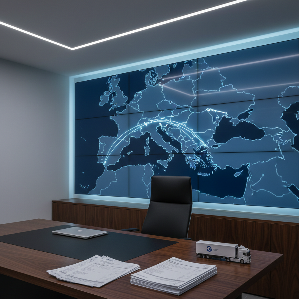 A minimalist, modern office corner inside a transport company headquarters, featuring a large wall-mounted digital map of southern Europe with subtle glowing route lines connecting Greece to Italy, southern France, Spain, and Portugal. Below the screen sits a clean, dark wood desk with stacked shipping documents, a closed laptop, and a small model refrigerated truck. Soft, cool-toned LED lighting from above and from the screen casts a professional, tech-driven glow, with gentle reflections on the desk surface. Shot at eye level in photographic realism, framed with the rule of thirds so the digital map dominates the scene. The mood is organized, analytical, and trustworthy, highlighting route planning and coordination without any human presence.
