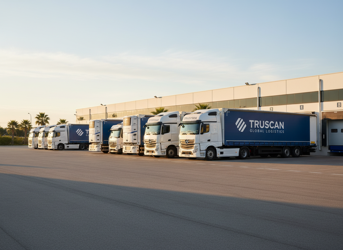 A fleet of modern freight trucks in pristine white and deep blue livery, each with clearly marked refrigerated and standard trailers, lined up in an orderly row on a clean logistics yard. Behind them, low warehouse buildings with loading bays hint at organized operations across southern Europe. Shot at eye level in soft golden hour sunlight, the trucks’ metallic surfaces gently reflect warm tones, with long, crisp shadows stretching across the asphalt. The sky is clear and pale blue, adding to a professional, reliable mood. Photographic realism with sharp focus throughout, clean composition using the rule of thirds, and a calm, businesslike atmosphere that communicates trust and efficiency for a transport company.