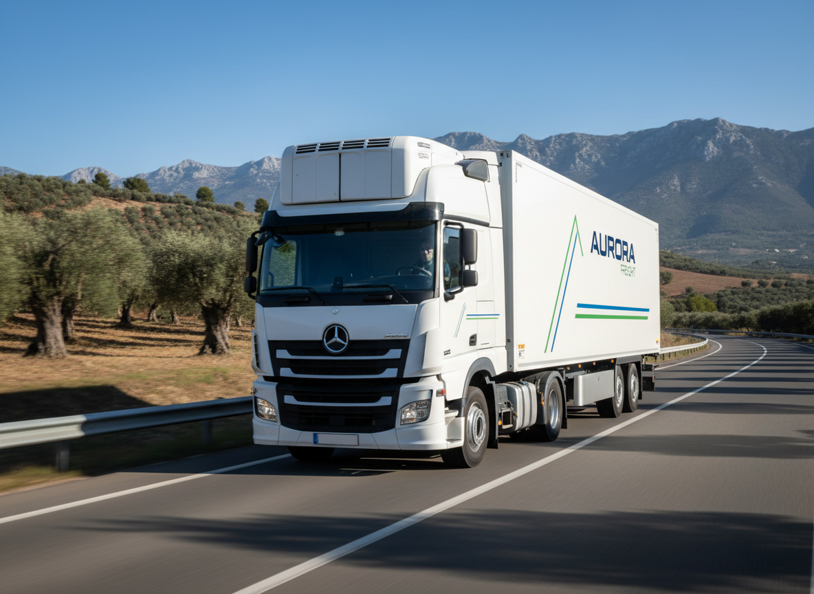 A single long-haul refrigerated truck in immaculate condition, branded with discreet, modern graphics, captured on a smooth highway cutting through the rolling hills of southern Europe. The trailer’s polished white surface and stainless-steel refrigeration unit show fine detail, from ventilation grilles to reflective safety markings. The surrounding landscape features olive groves and distant mountains under bright, clear daylight. Natural sunlight creates crisp highlights on the truck’s cab and subtle motion blur on the road, conveying steady movement and reliability. Shot from a low three-quarter angle in photographic realism, with the truck dominating the frame while the background gently fades into soft focus, evoking professionalism, safety, and dependable international freight service.