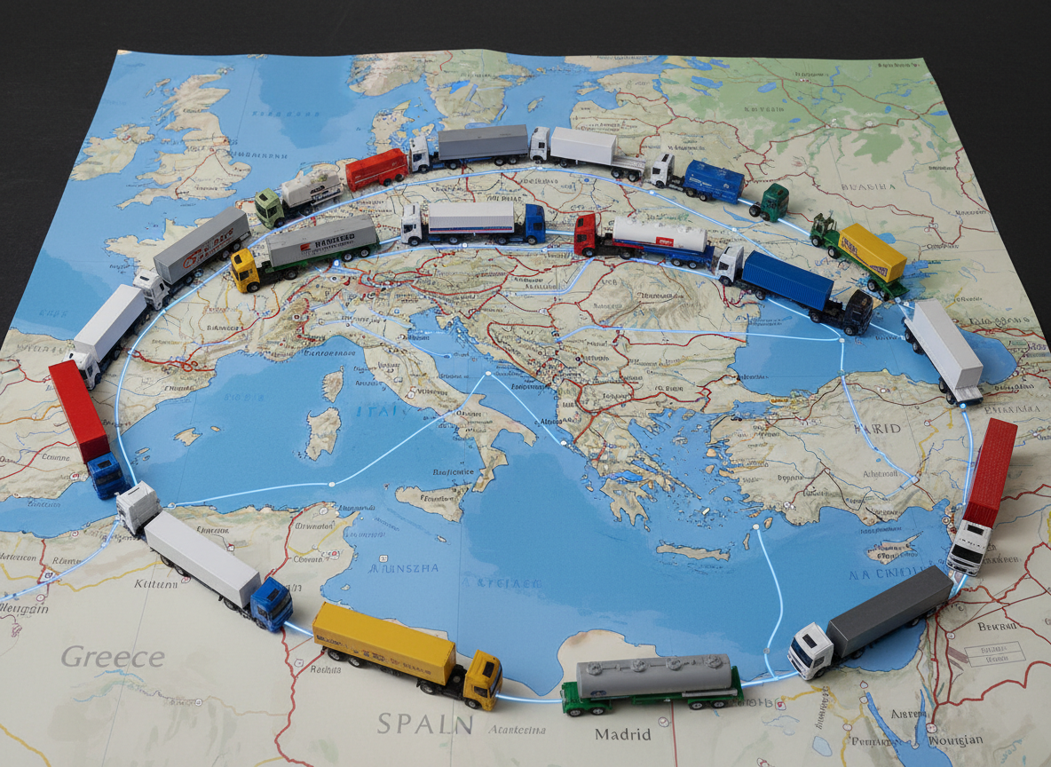 An overhead view of a detailed road map spread across a dark, matte desk surface, with miniature model trucks in different sizes and trailer types placed precisely along routes connecting Greece, Italy, southern France, Spain, and Portugal. Country borders and major cities are clearly visible, with thin lines indicating primary freight corridors. Soft, diffused studio lighting from above minimizes glare and brings out subtle textures in the paper map and the glossy finish of the small trucks. The mood is strategic and organized, emphasizing planning and network coverage. Photographic realism with a slightly elevated, top-down composition ensures everything is in sharp focus, creating a clear, professional visualization of international transport routes.