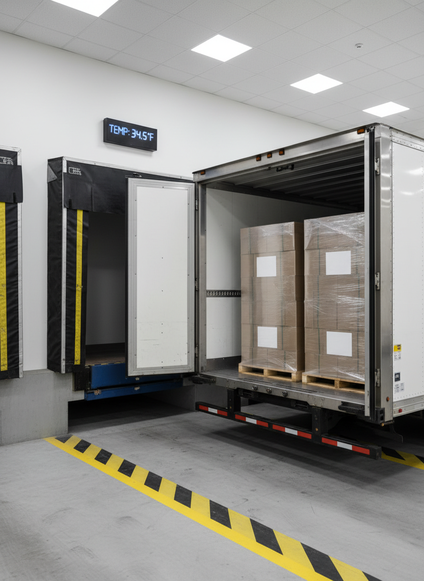 The rear of a refrigerated trailer backed precisely into a modern loading bay, with the trailer’s doors open to reveal a spotless, stainless-steel interior and neatly organized, unbranded pallets. The loading dock area is clean, with painted safety lines, rubber dock seals, and a digital temperature display glowing softly near the entrance. Bright but diffused artificial lighting from overhead fixtures creates even illumination and minimal shadows, emphasizing hygiene and control. Shot at eye level in photographic realism, with a centered yet slightly asymmetric composition to show both interior and dock features. The mood is highly professional, conveying reliability, temperature-controlled safety, and attention to detail in freight handling operations.