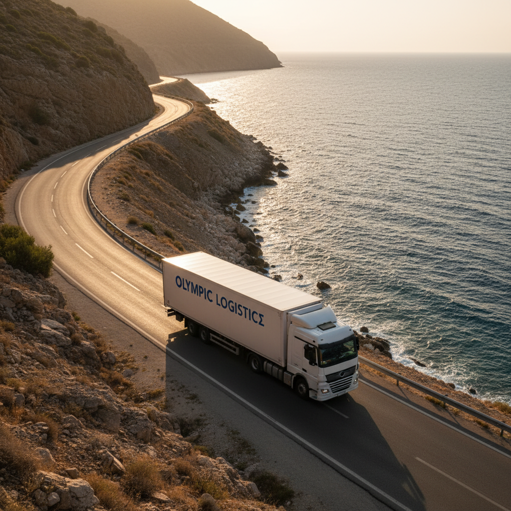 A national routes scene inside Greece showing a single truck traveling along a coastal highway, with the Aegean Sea glistening to one side and rugged cliffs on the other. The truck is a clean, white standard trailer with subtle company branding, captured mid-journey with slight motion blur on the wheels while the cab remains tack-sharp. Late afternoon natural light bathes the landscape in warm tones, with long shadows defining the contours of the road and cliffs. Photographic realism with a slightly elevated, three-quarter angle composition creates depth, showing the curved road stretching into the distance. The mood is serene yet purposeful, emphasizing reliable full-truck-load transport within Greece’s distinctive landscape.